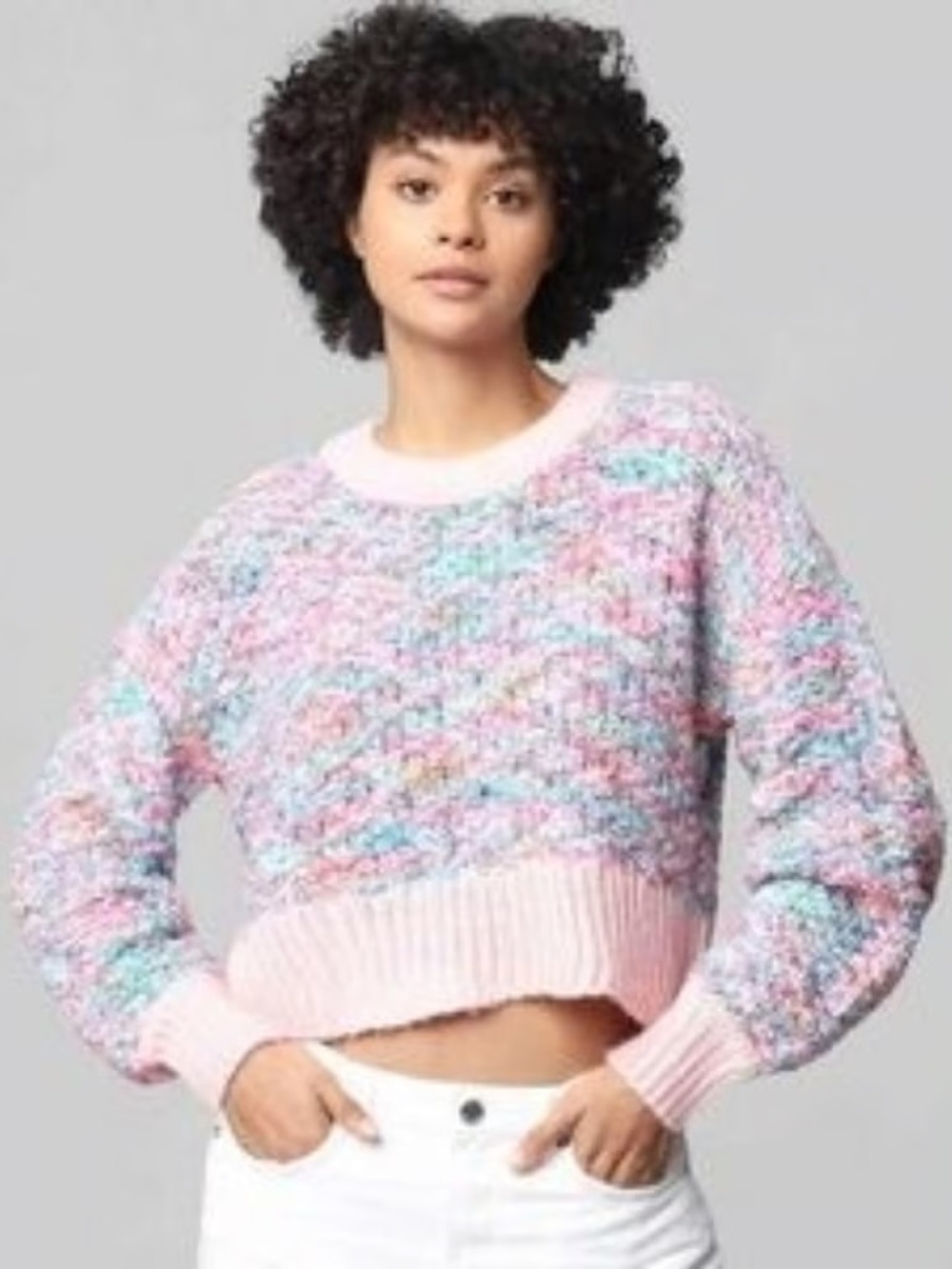 Jessica Simpson Pastel Pink Multi-Color Cropped Crew Sweater